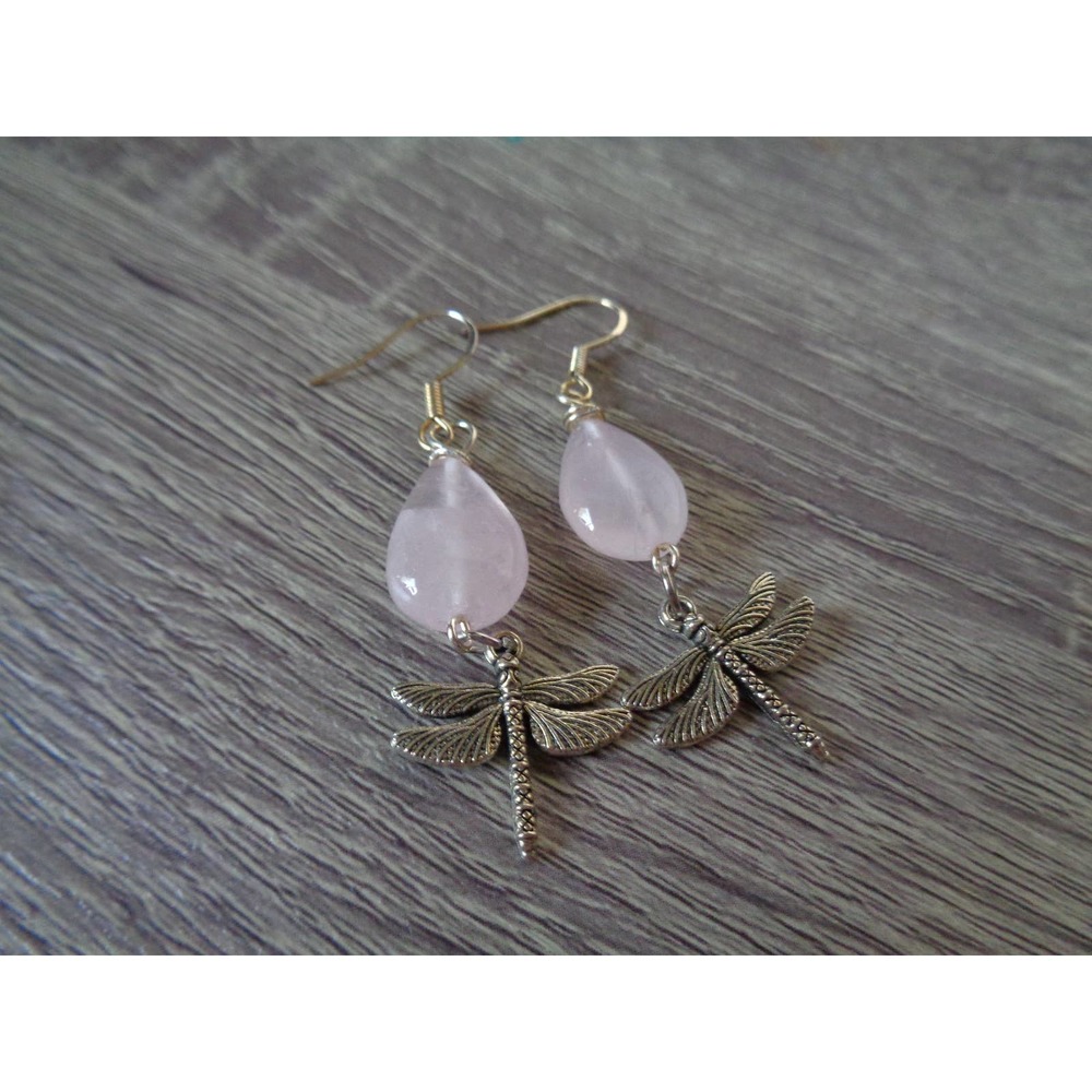Dragonfly Rose Quartz Teardrop earrings - Picture 2 of 4